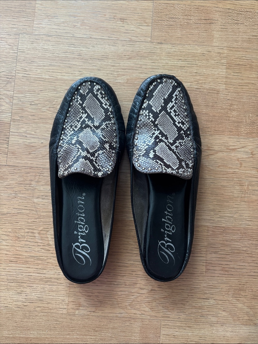 Brighton Black Mules with Metallic Snake-Print Vamp